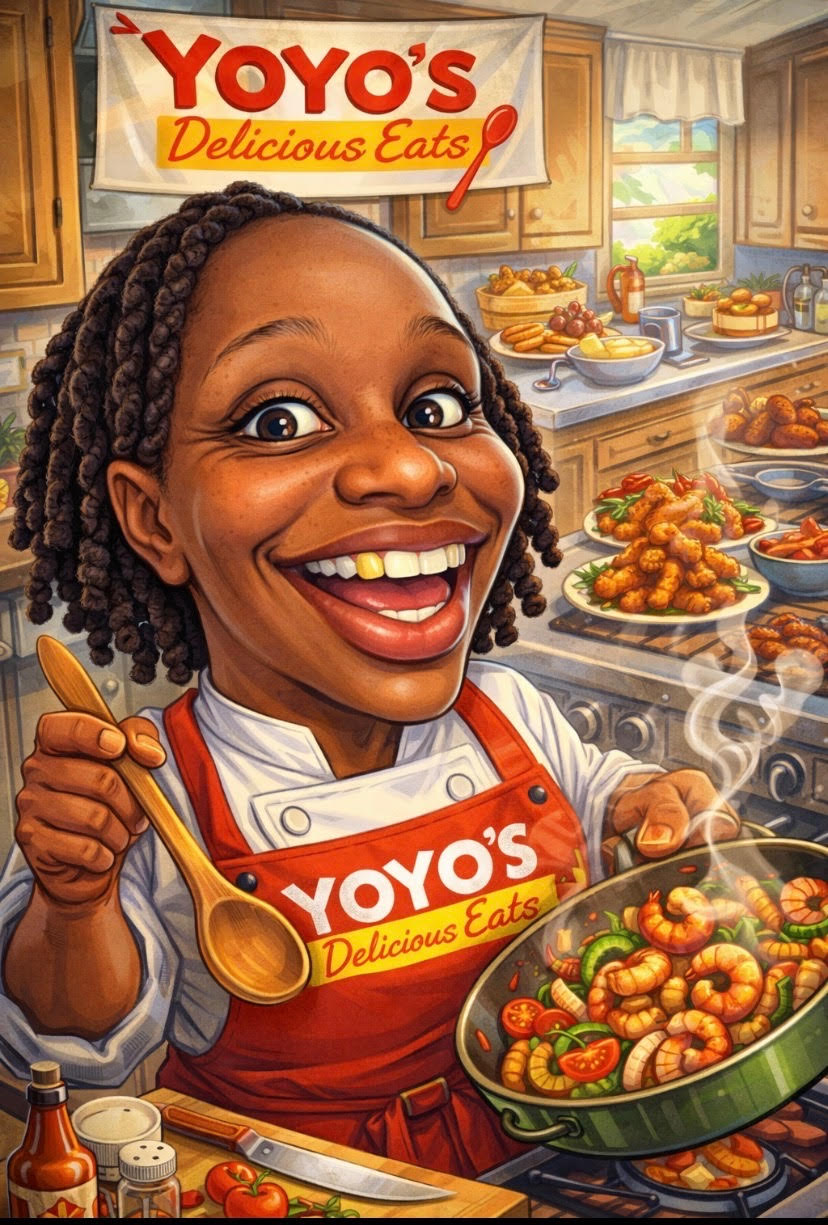 Yo-Yo, the chef and owner of Yo-Yo's Delicious Eats, cooking fresh shrimp in her kitchen